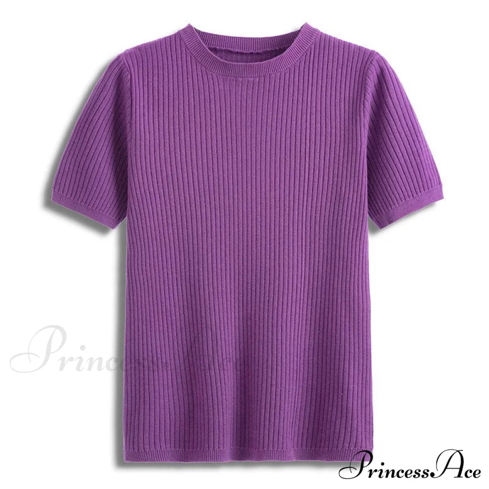 Knitted Short Sleeves Top Purple / One Size