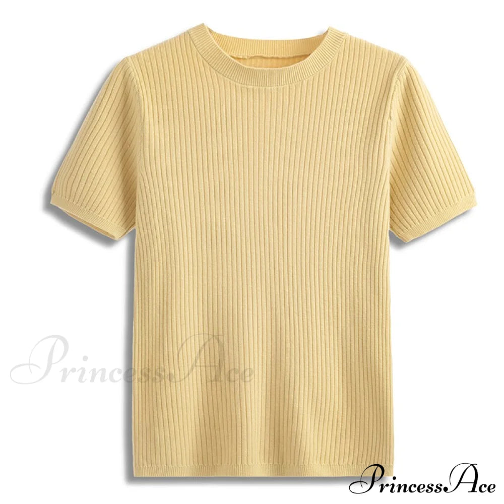 Knitted Short Sleeves Top Yellow / One Size