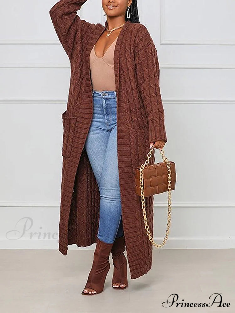 Knitted Solid Graceful Open Front Cardigan Coffee / S