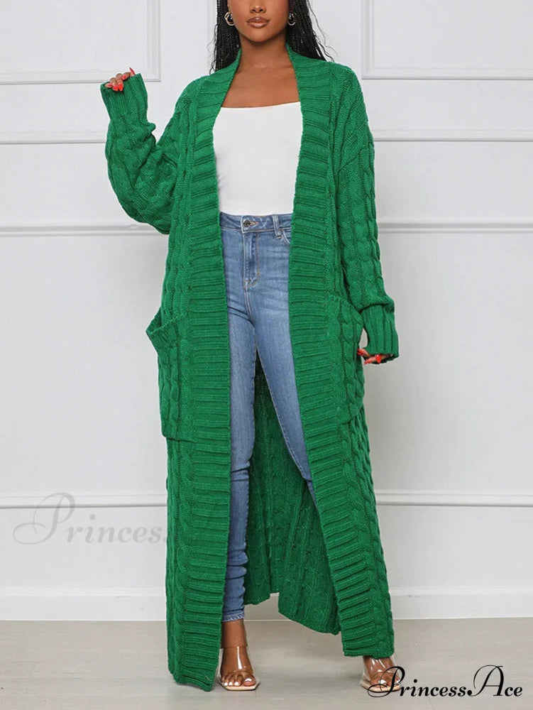 Knitted Solid Graceful Open Front Cardigan Green / S