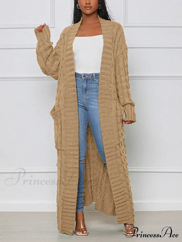 Knitted Solid Graceful Open Front Cardigan Khaki / S