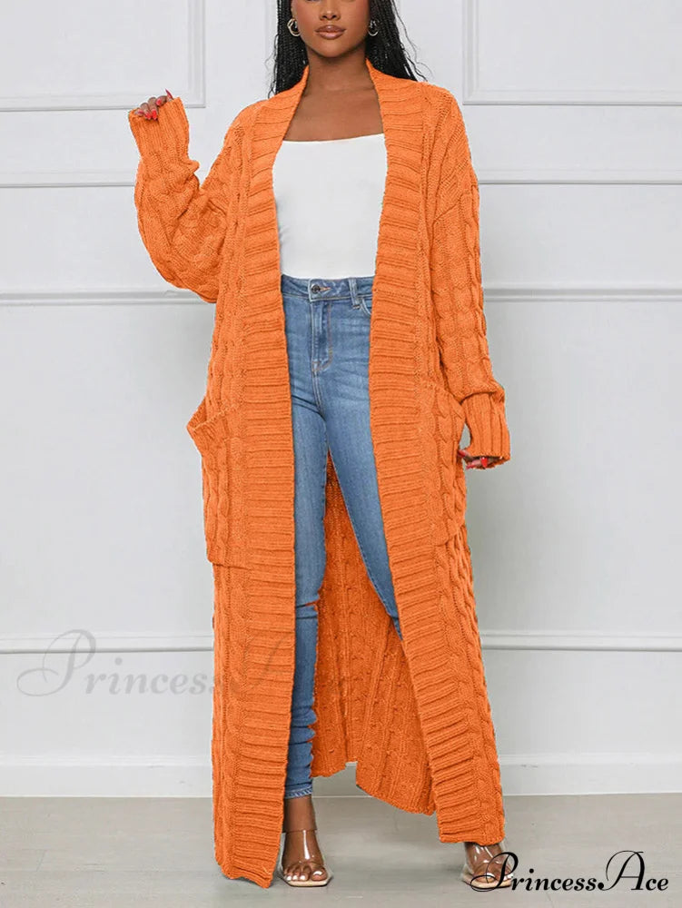 Knitted Solid Graceful Open Front Cardigan Orange / S