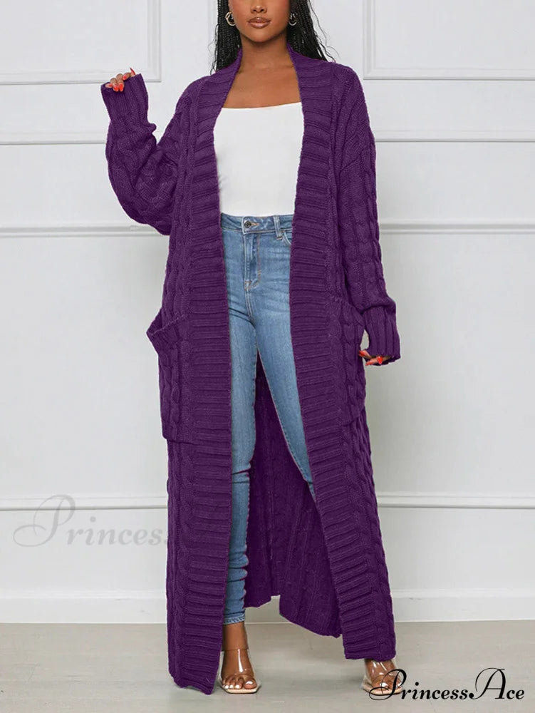 Knitted Solid Graceful Open Front Cardigan Purple / S