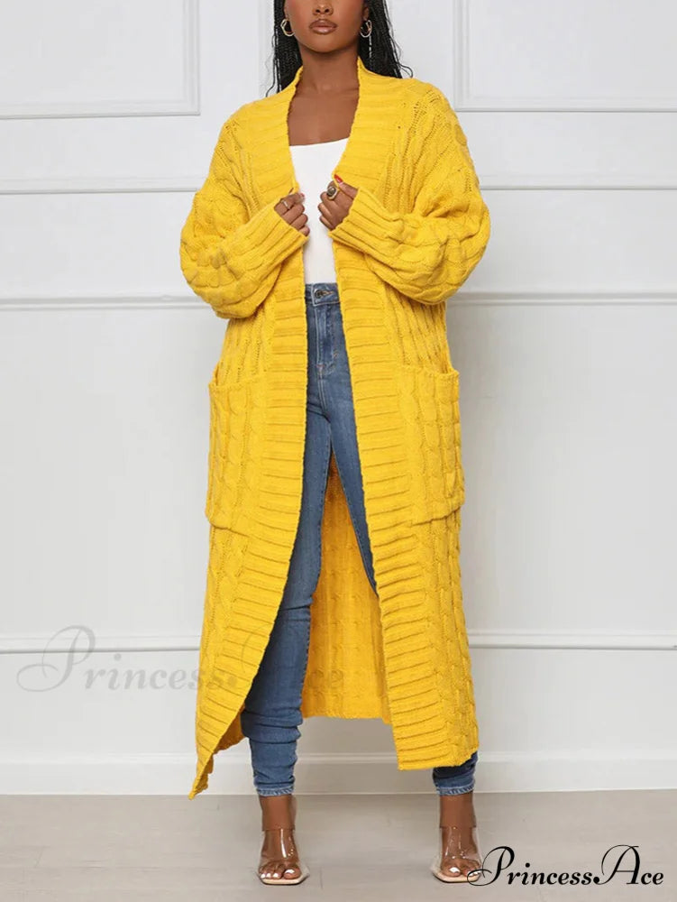 Knitted Solid Graceful Open Front Cardigan Yellow / S