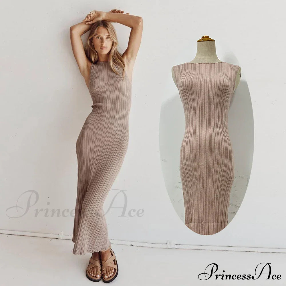 Knitted Split Maxi Dress Khaki / S