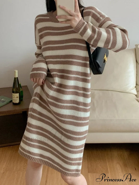 Knitted Stripe Long Trendy Sleeve Bolero Top Camel / One Size Maxi Dresses