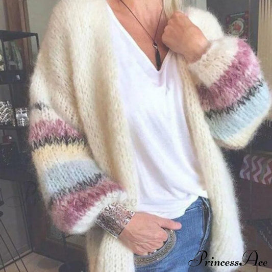 Elegant Striped Knitted Cardigan Beige cardigan cardigans clothes tops