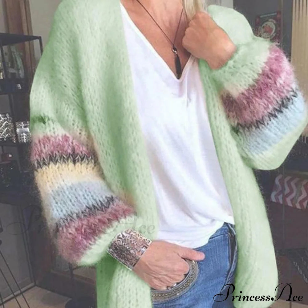 Elegant Striped Knitted Cardigan Green cardigan cardigans clothes tops