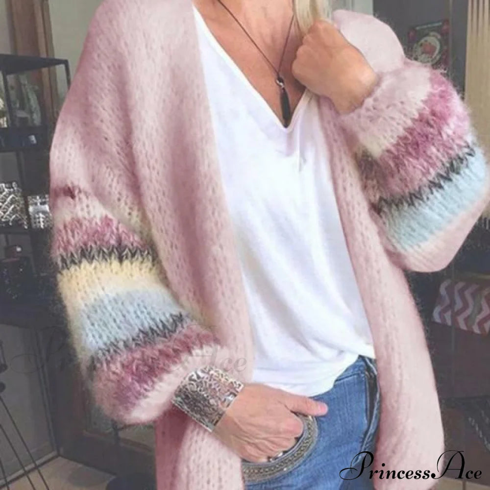 Elegant Striped Knitted Cardigan Pink cardigan cardigans clothes tops