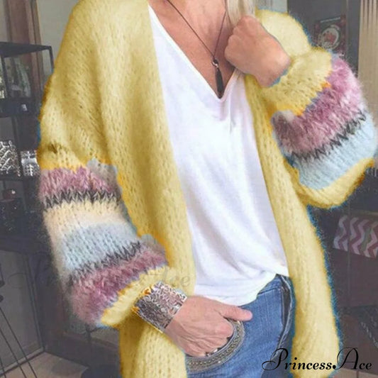 Elegant Striped Knitted Cardigan Yellow cardigan cardigans clothes tops