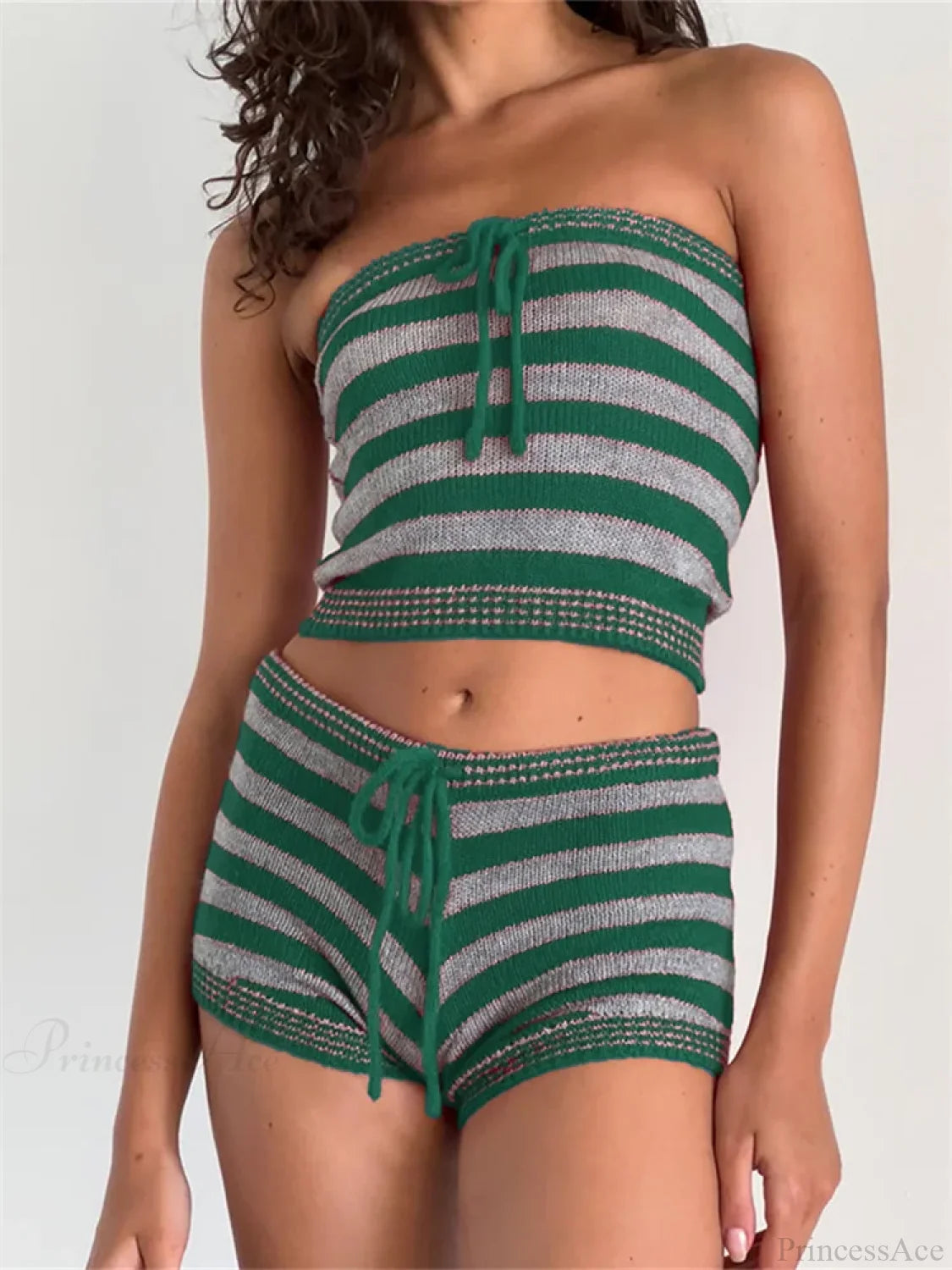 Knitted Striped Off Shoulder Crop Tube Top with Drawstring Shorts Set GREEN / S twopiecesset-250126