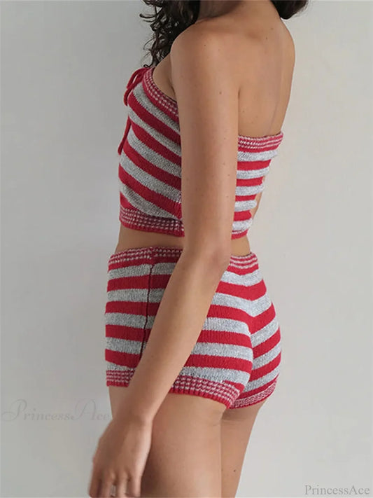 Knitted Striped Off Shoulder Crop Tube Top with Drawstring Shorts Set twopiecesset-250126