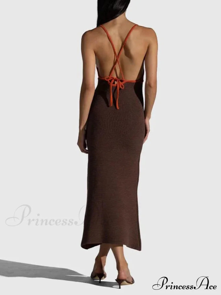 Knitted Suspender Halterneck V-Neck Graceful Backless Sexy Midi Dress Dresses