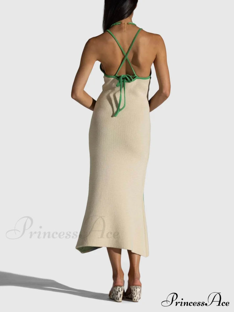 Knitted Suspender Halterneck V-Neck Graceful Backless Sexy Midi Dress Dresses