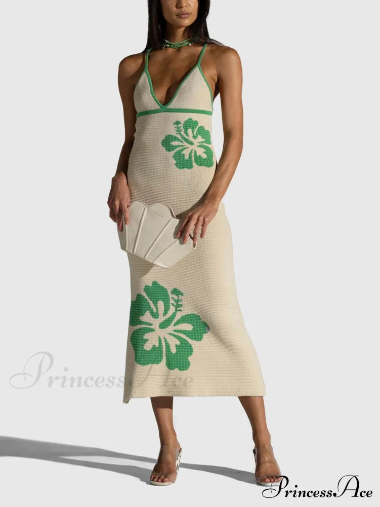 Knitted Suspender Halterneck V-Neck Graceful Backless Sexy Midi Dress Green / S Dresses