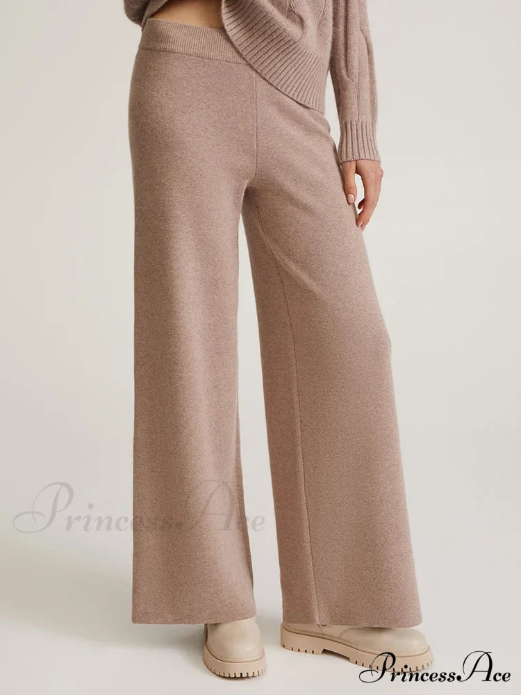 Knitted Winter High Waist Warm Straight Solid Light Blue Basic Wide Leg Pants Camel / One Size
