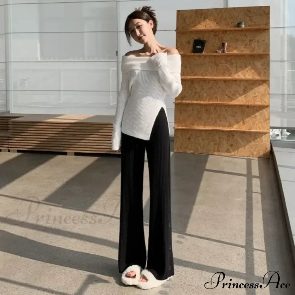 Knitted Winter High Waist Warm Straight Solid Light Blue Wide Leg Pants