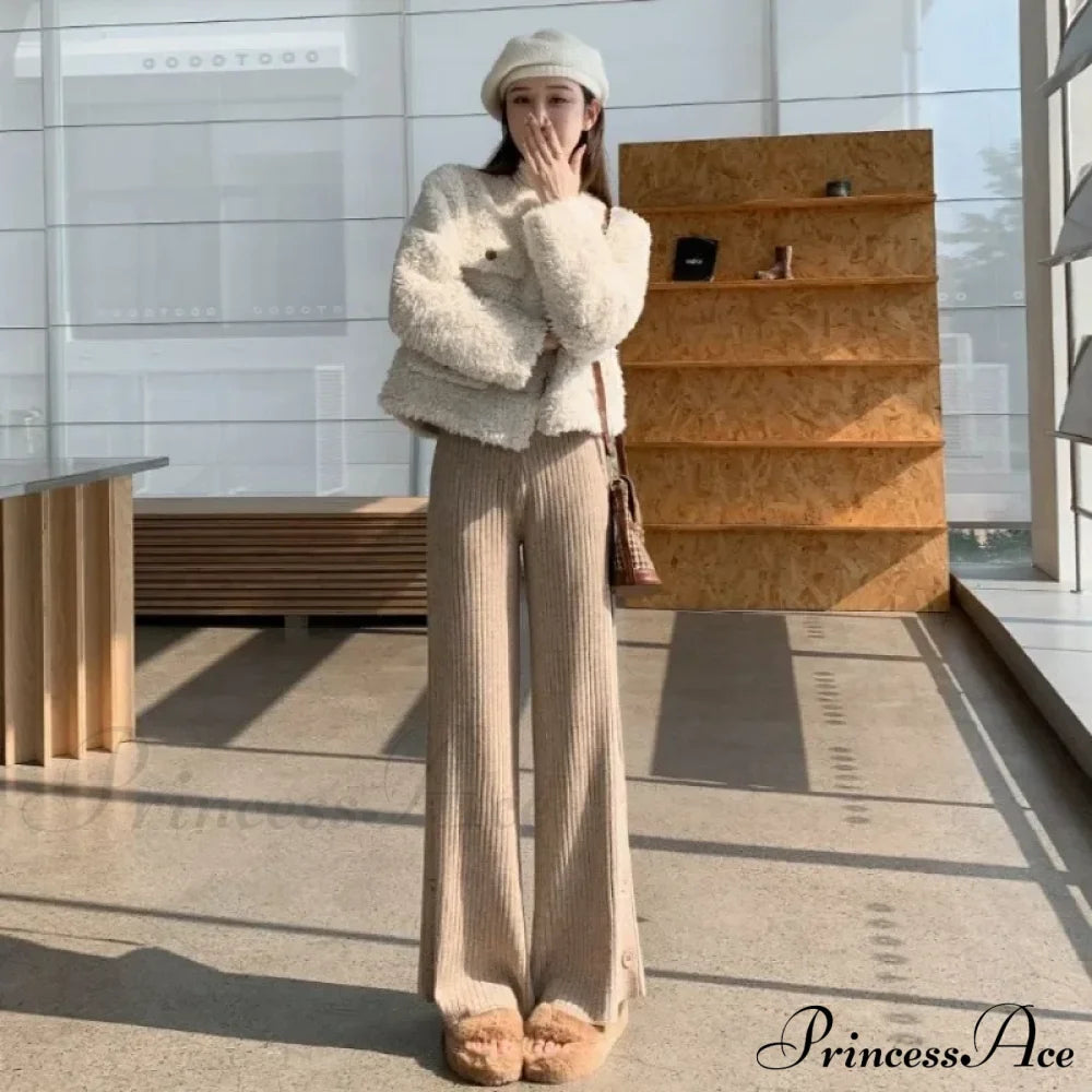 Knitted Winter High Waist Warm Straight Solid Light Blue Wide Leg Pants