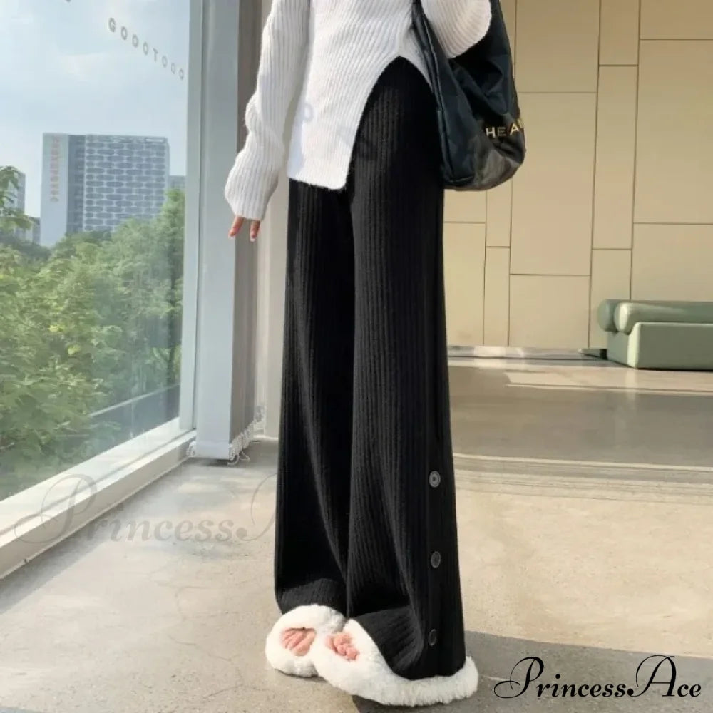 Knitted Winter High Waist Warm Straight Solid Light Blue Wide Leg Pants Black / One Size