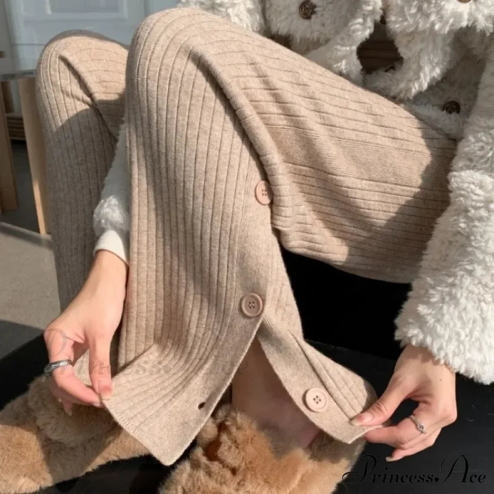 Knitted Winter High Waist Warm Straight Solid Light Blue Wide Leg Pants Khaki / One Size