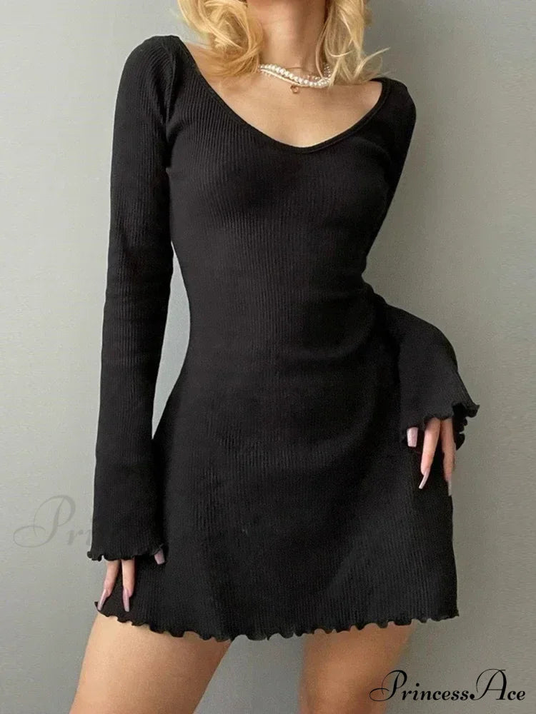 Knitting V Neck Hem Elegant Mini Dress Black / S