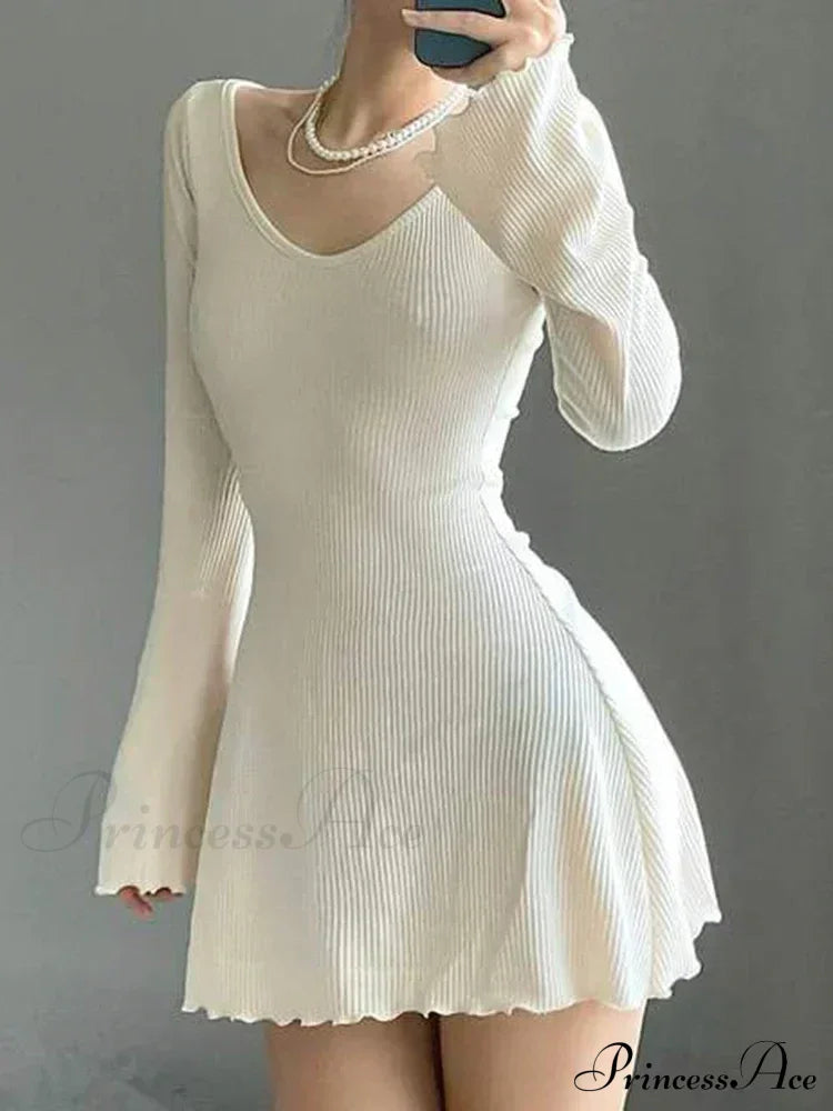 Knitting V Neck Hem Elegant Mini Dress White / S