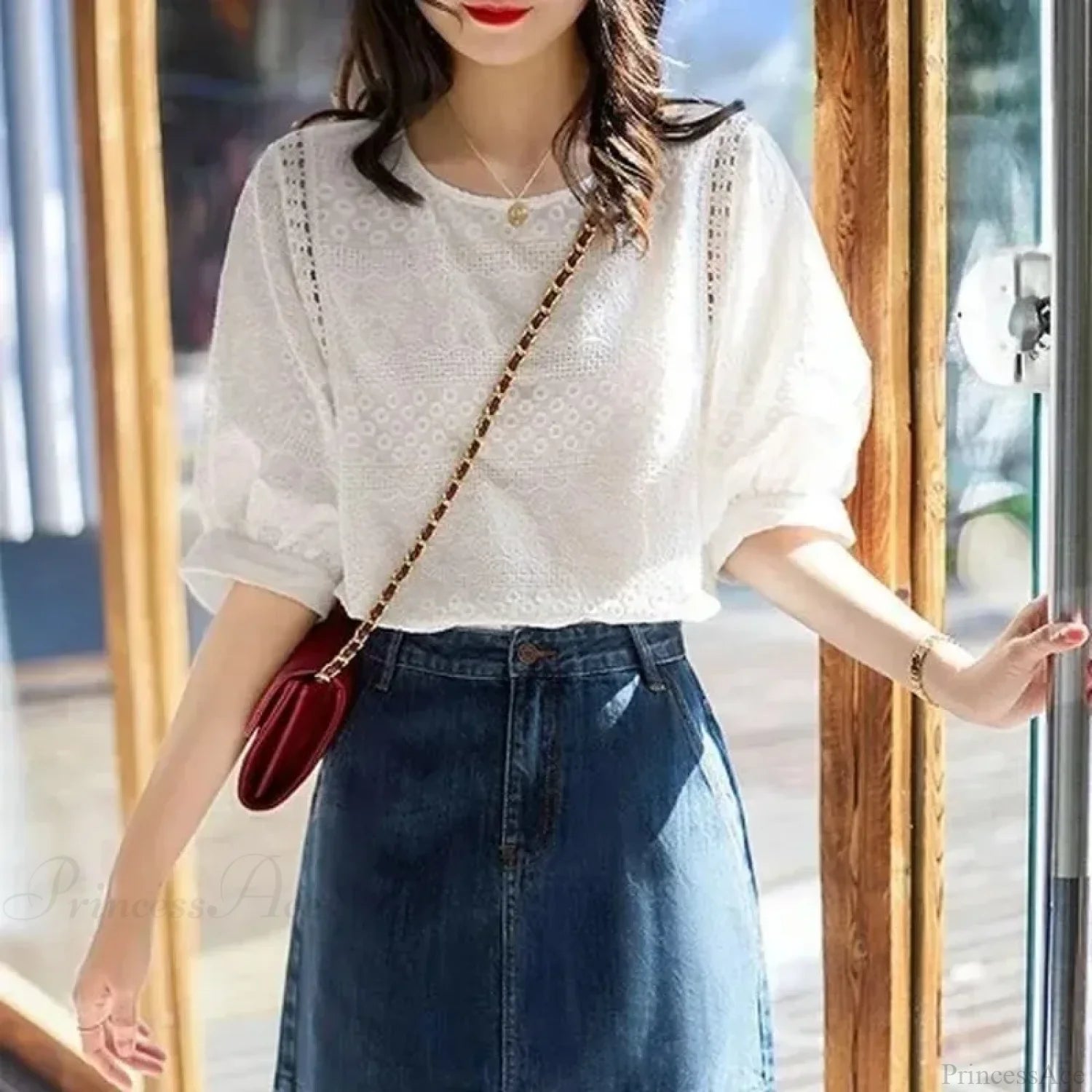 Korean Lantern Sleeve Embroidered Cotton Lace Blouse blouse-250126