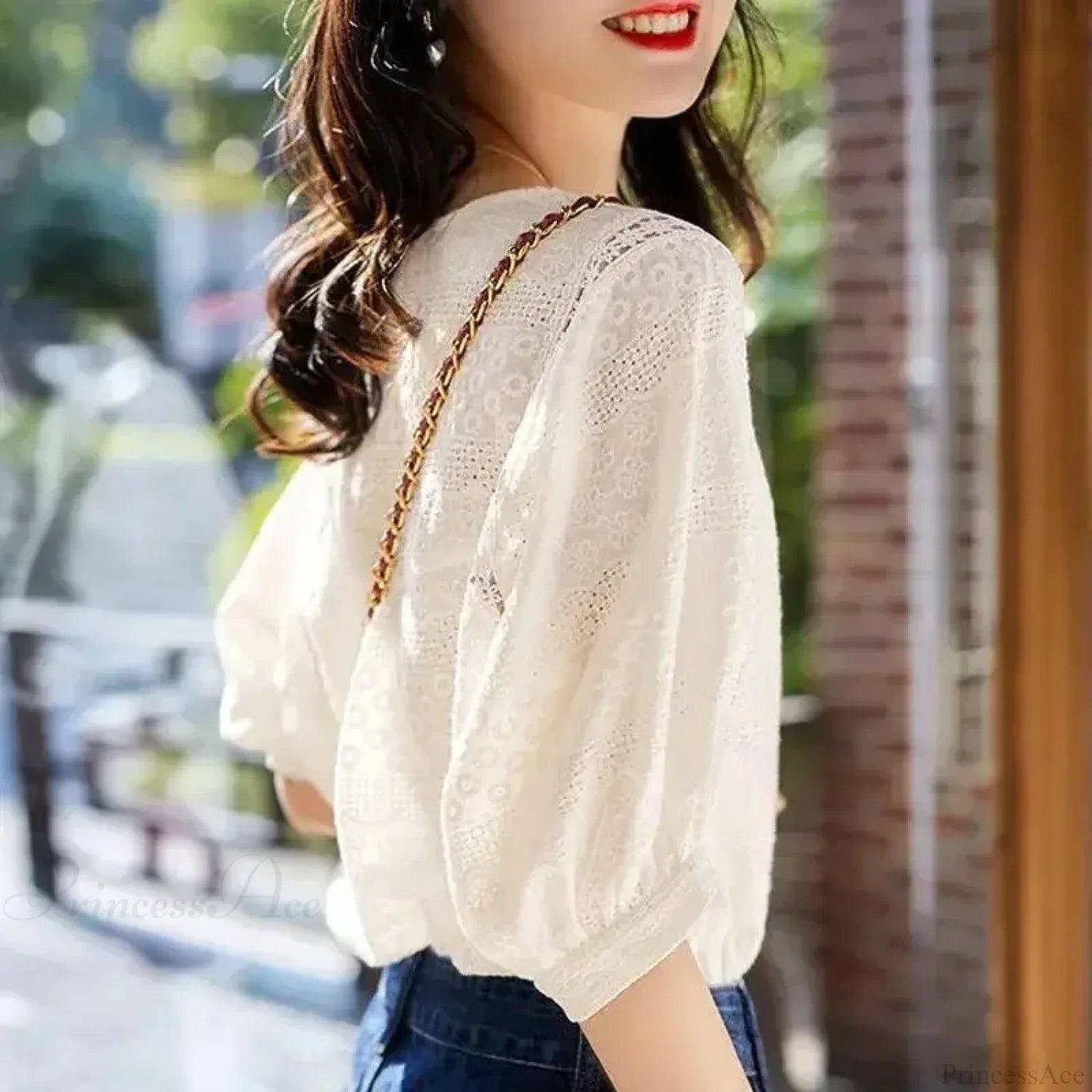 Korean Lantern Sleeve Embroidered Cotton Lace Blouse blouse-250126