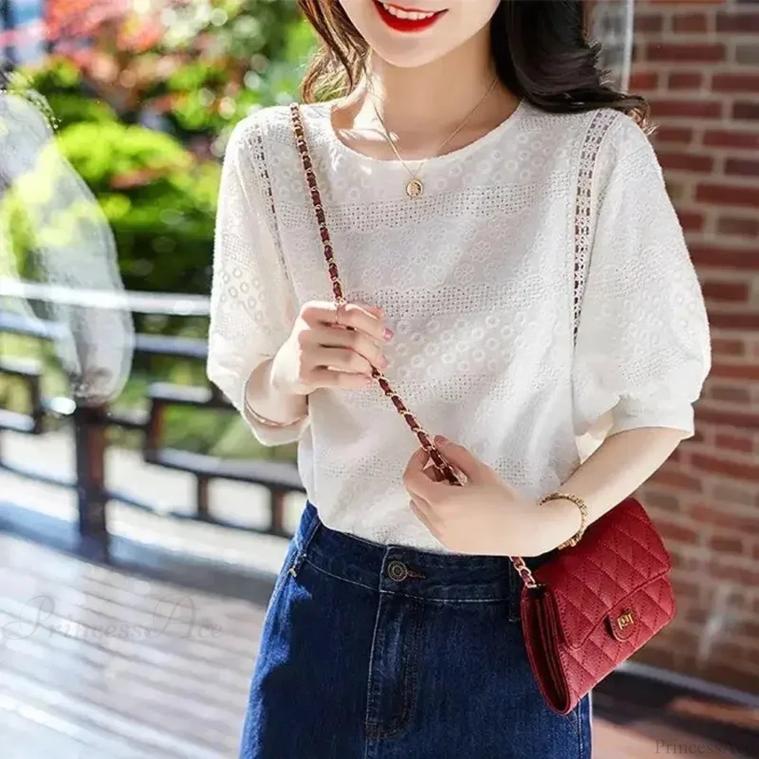 Korean Lantern Sleeve Embroidered Cotton Lace Blouse blouse-250126