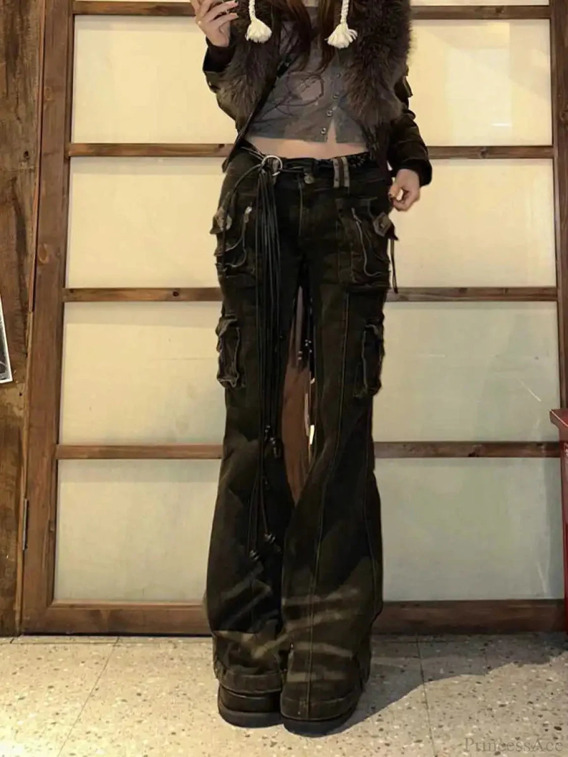 Korean Mysterious Grunge Cargo Pant Black / S