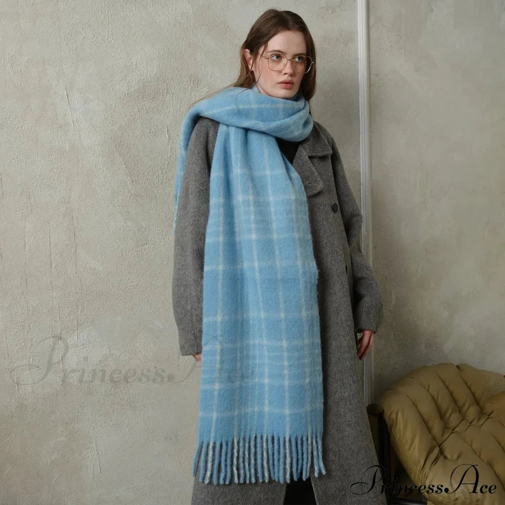 Korean Premium 30% Wool Red Plaid Tassels Mohair Warm Scarf Blue And White Scarfs-L