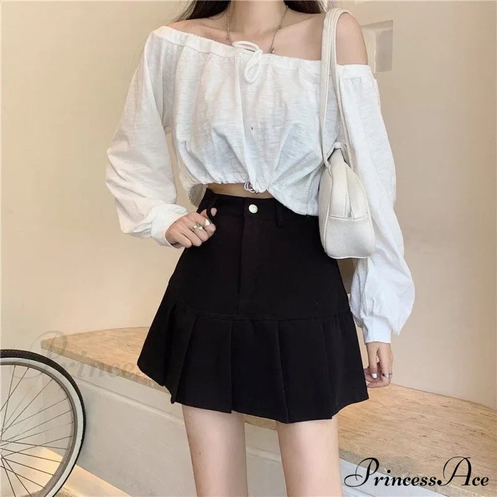 Korean Preppy High Waist A-Line Cute Short Skirt Black / S