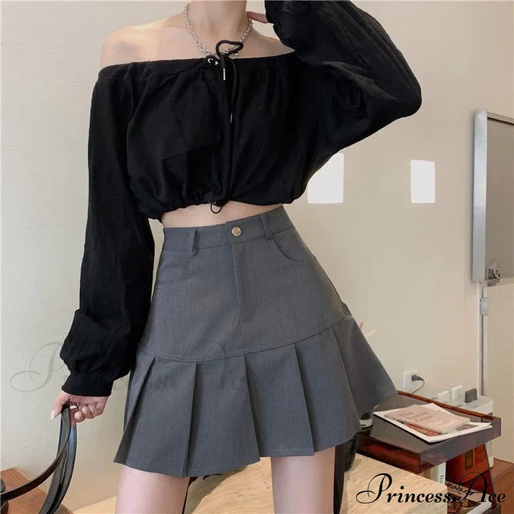 Korean Preppy High Waist A-Line Cute Short Skirt Grey / S