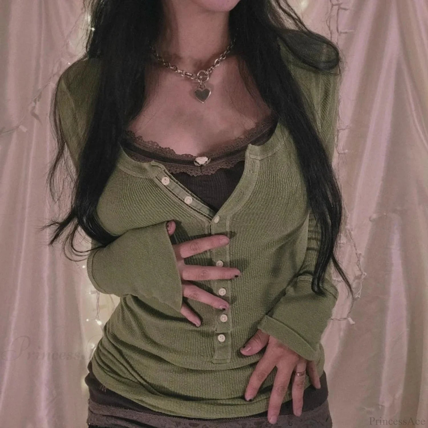 Korean Retro Ribbed Knit T-shirt Button Up Long Sleeve Sweater Women knittop-250126