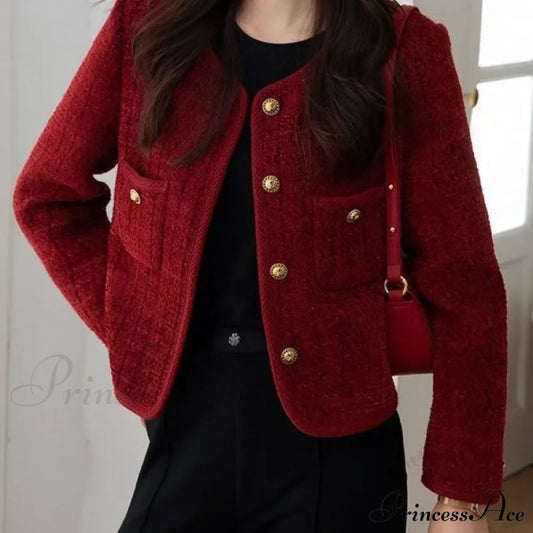 Korean Short Tweed Woolen Cardigan Wine Red / S Cardigan-241208