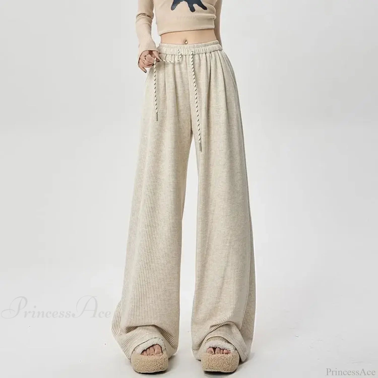Korean Stripes High Waist Drawstring Pants APRICOT / S