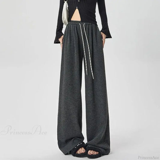 Korean Stripes High Waist Drawstring Pants Dark Grey / S