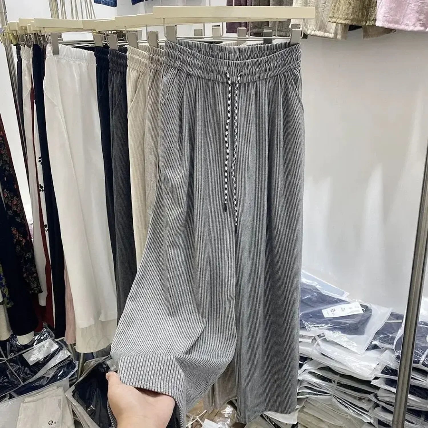Korean Stripes High Waist Drawstring Pants LIGHT GRAY / S