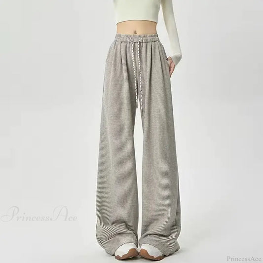 Korean Stripes High Waist Drawstring Pants oatmeal / S
