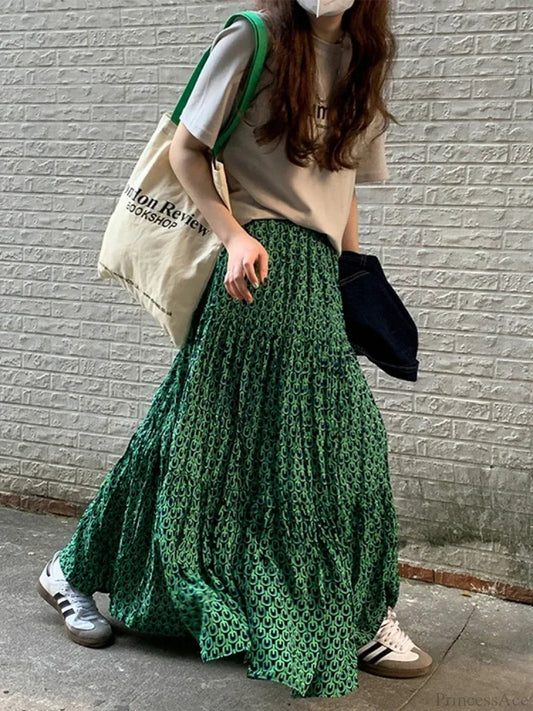 Korean Style Casual Classic Ladies Maxi Floral Skirt Loose A-line skirt-250126