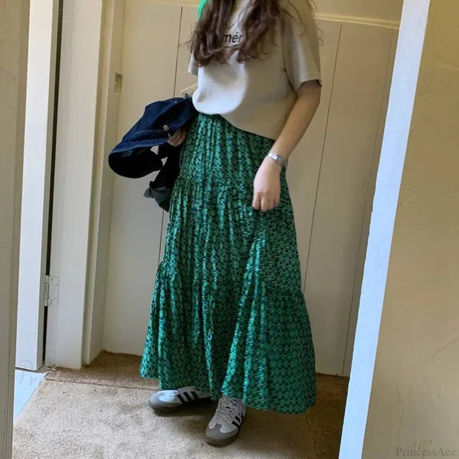 Korean Style Casual Classic Ladies Maxi Floral Skirt Loose A-line Green / S skirt-250126