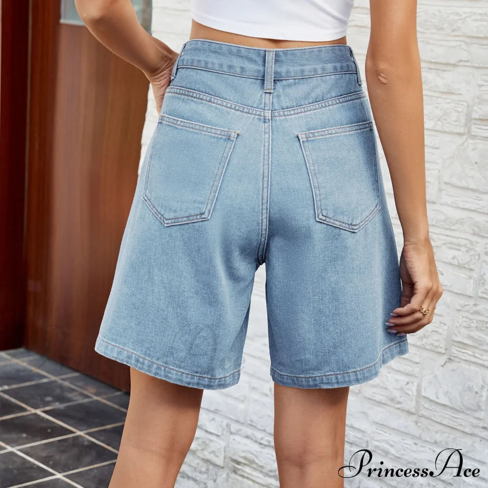 Korean Style Classic Comfortable Adjustable Quarter Blue High Waisted Wide Leg Short