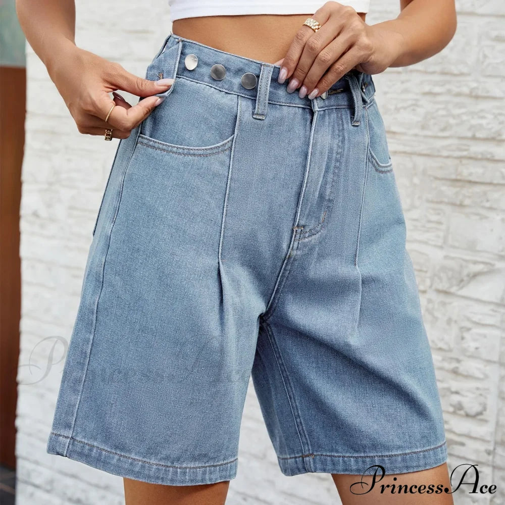 Korean Style Classic Comfortable Adjustable Quarter Blue High Waisted Wide Leg Short