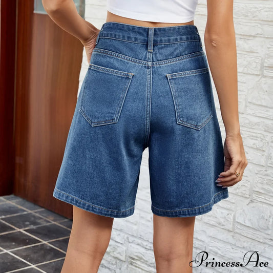 Korean Style Classic Comfortable Adjustable Quarter Blue High Waisted Wide Leg Short