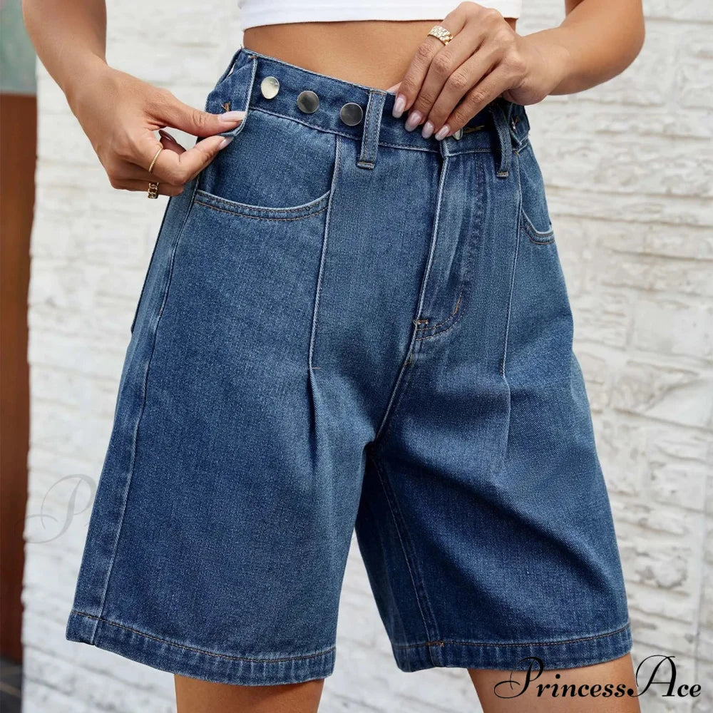 Korean Style Classic Comfortable Adjustable Quarter Blue High Waisted Wide Leg Short