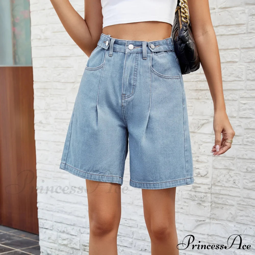 Korean Style Classic Comfortable Adjustable Quarter Blue High Waisted Wide Leg Short Light / S