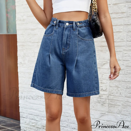 Korean Style Classic Comfortable Adjustable Quarter Blue High Waisted Wide Leg Short / S