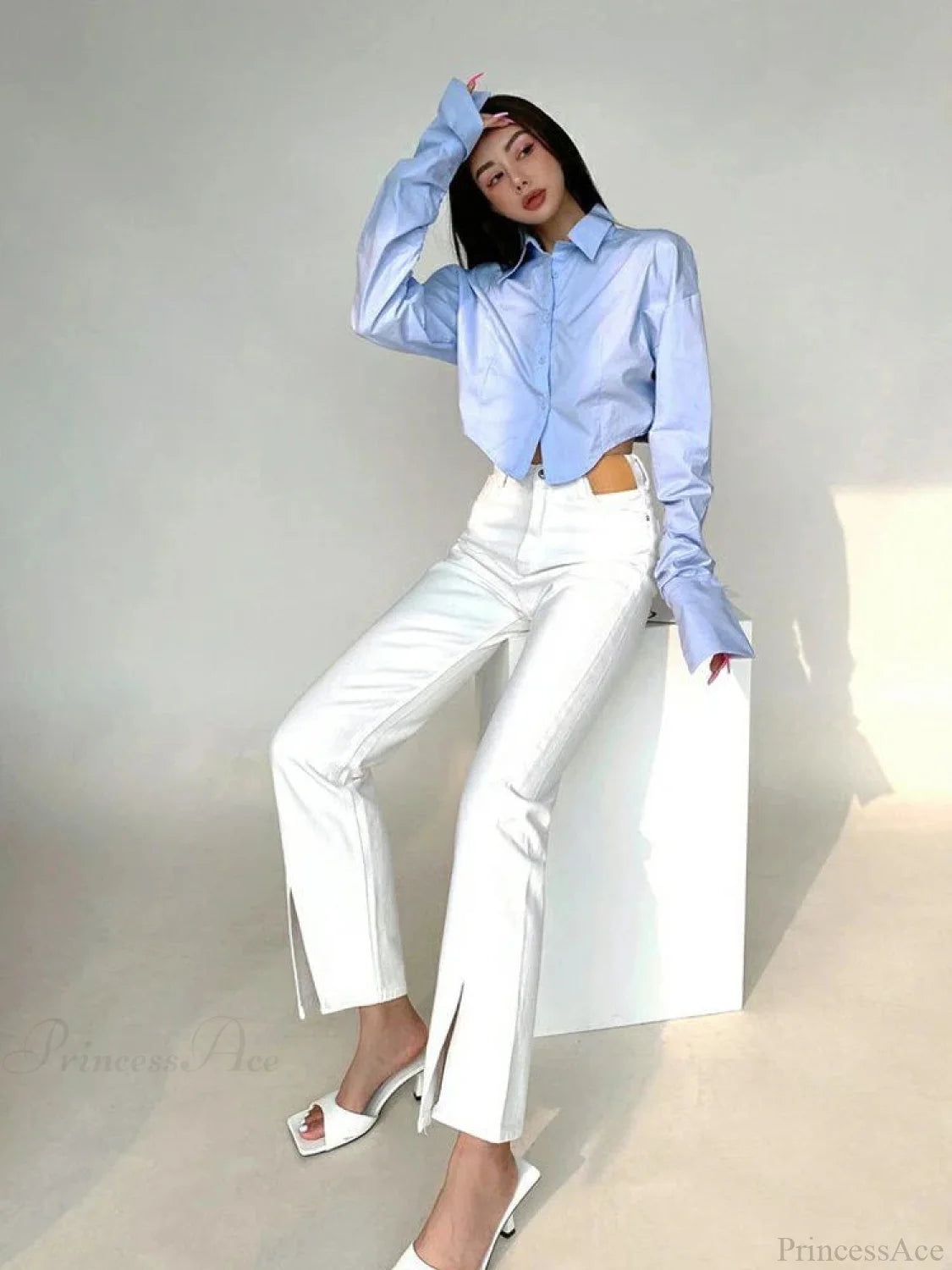 Korean Style Long Sleeve Button Crop Blouse blouse-250126