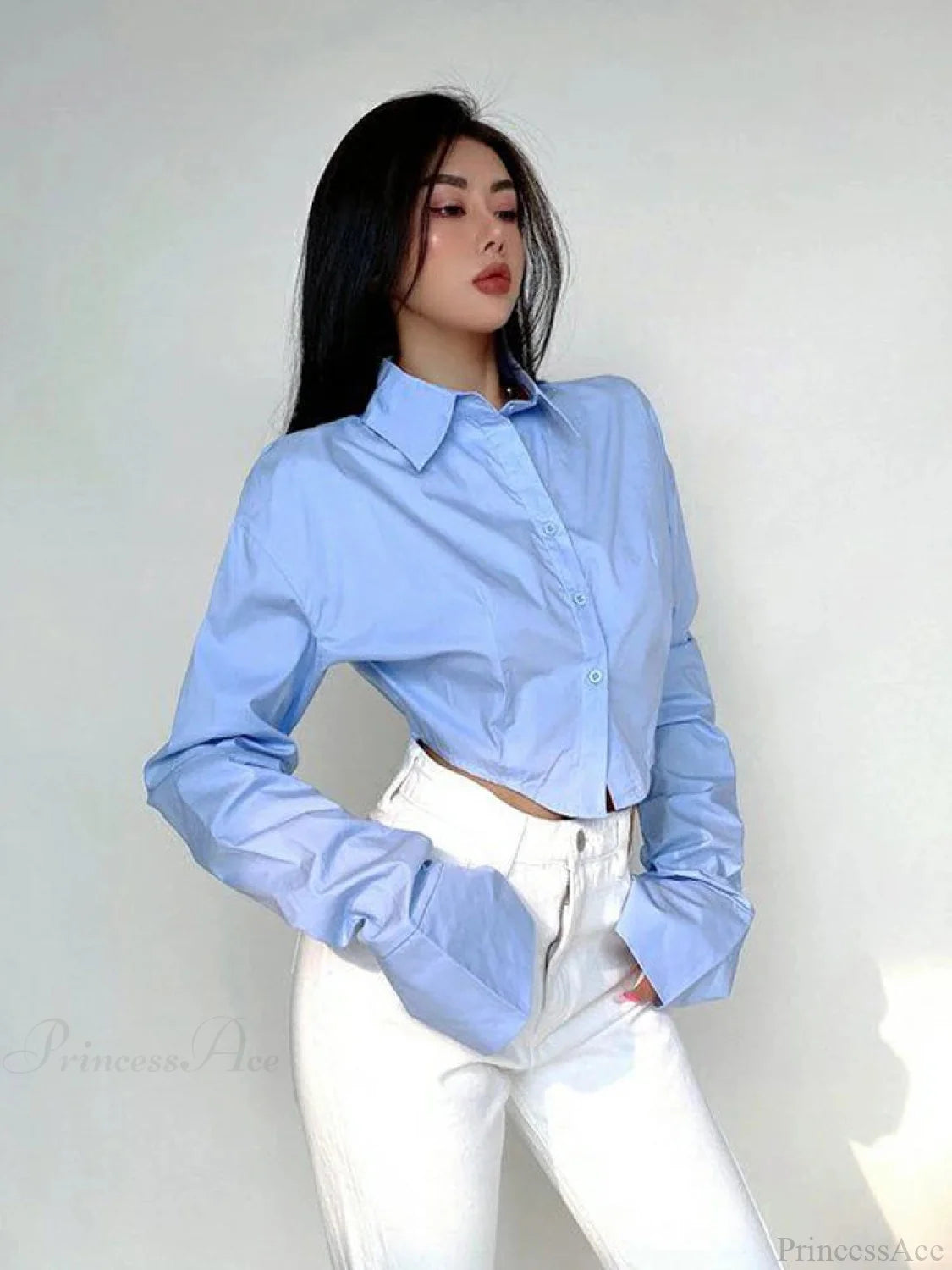 Korean Style Long Sleeve Button Crop Blouse Blue / M blouse-250126