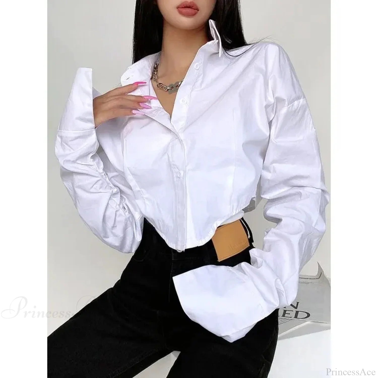 Korean Style Long Sleeve Button Crop Blouse White / M blouse-250126